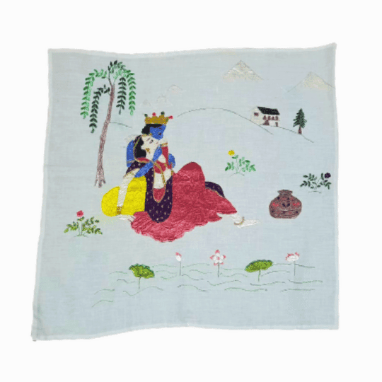 Chamba Rumal – Radha and Krishna in Garden Hand Embroidered Handkerchief | Traditional Heritage Art | Apneehatti