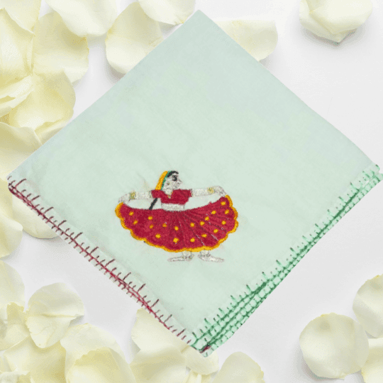 Chamba Rumal – Radha Rani Handmade Embroidered Handkerchief | Red Dress Design | Heritage Handicraft – Apneehatti