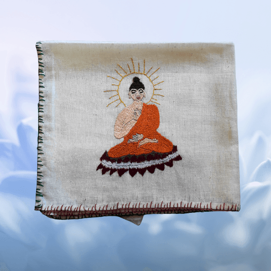 Chamba Rumal Handmade Embroidery – Buddha Design | 46x36 cm | Orange, Yellow
